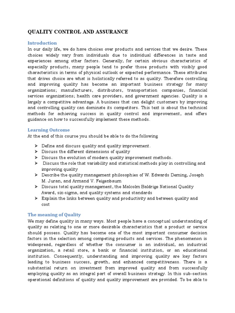 Quality Control and Assurance Overview | PDF | Quality (Business ...