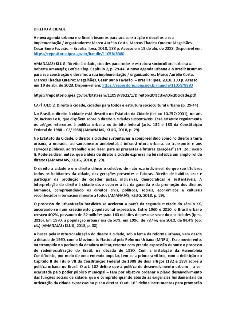 A Nova Agenda Urbana e o Brasil: Insumos para Sua Construção e Desafios