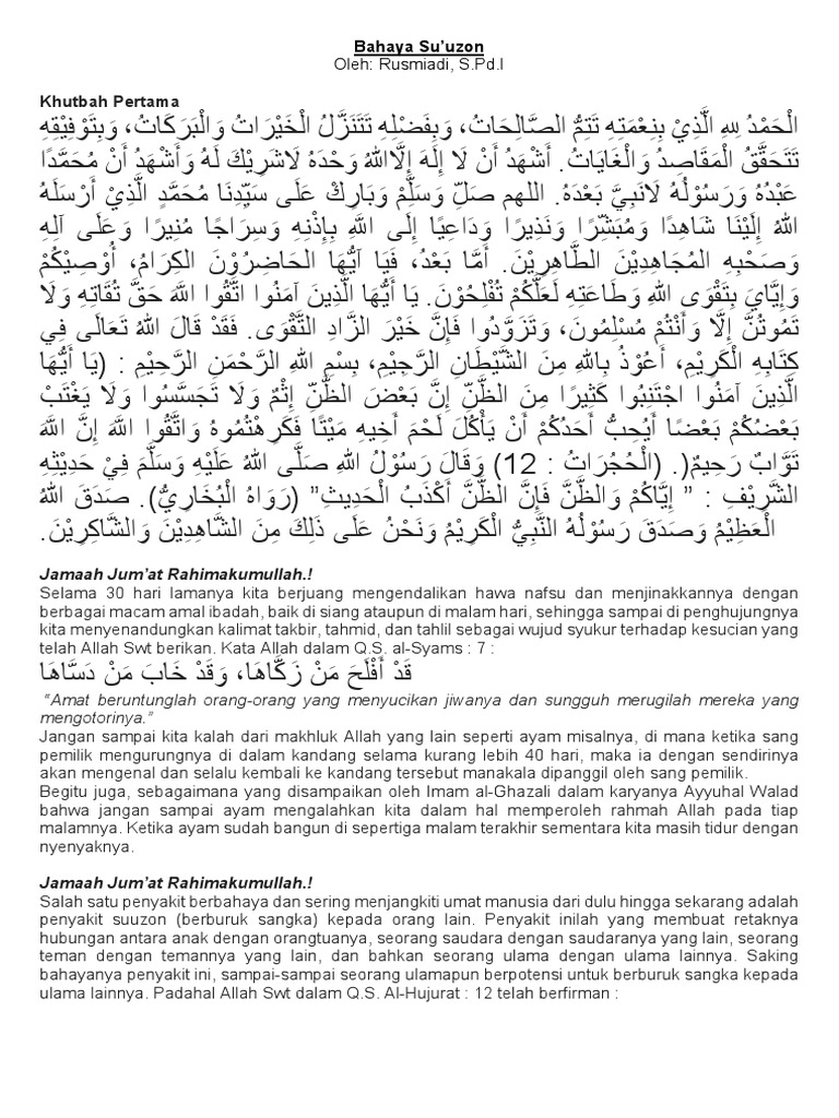 Khutbah Jumat - Bahaya Suudzon | Download Free PDF | Semitic Words And ...