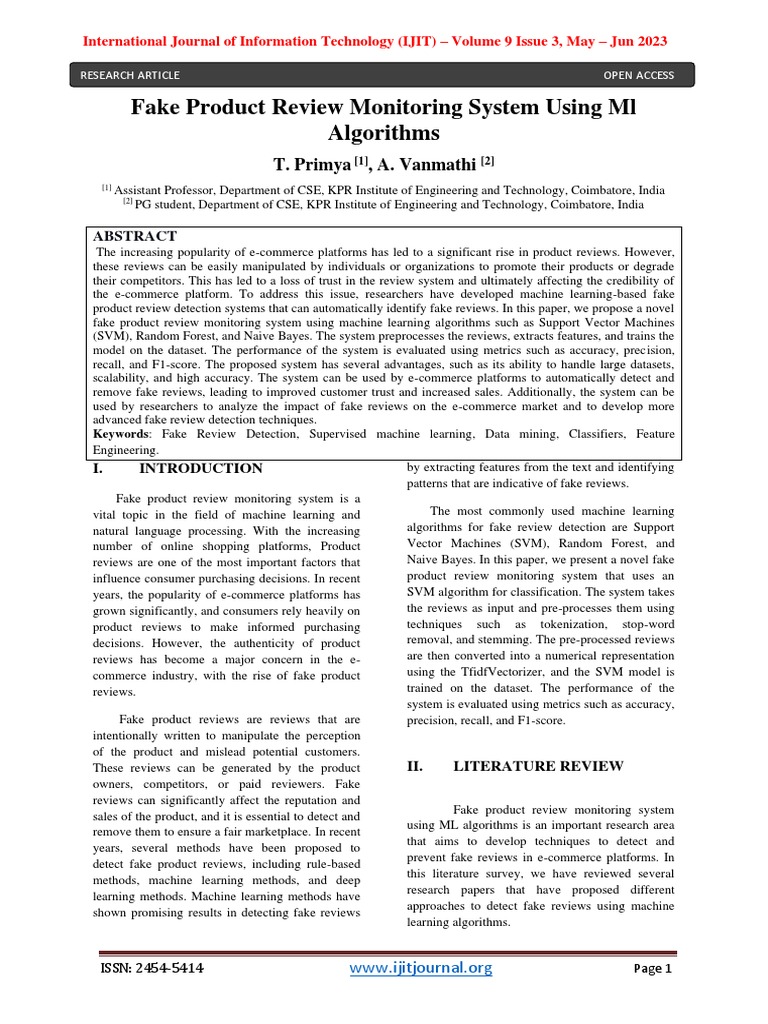 Fake Review Detection Using ML Techniques | PDF