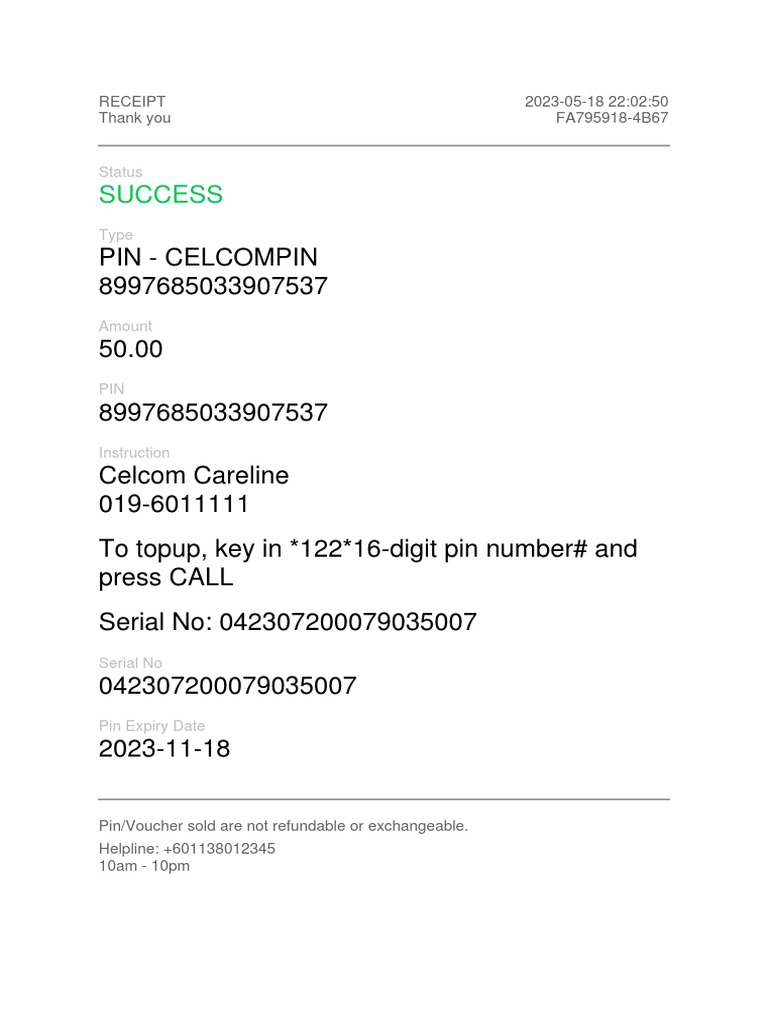 Celcom PIN Recharge Receipt | PDF