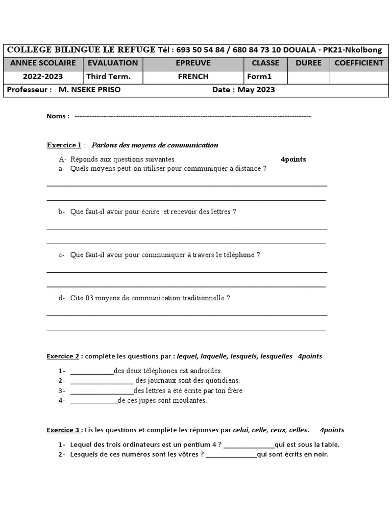 Épreuve de français Form 1 - 2023 | PDF | Méthodes et références ...