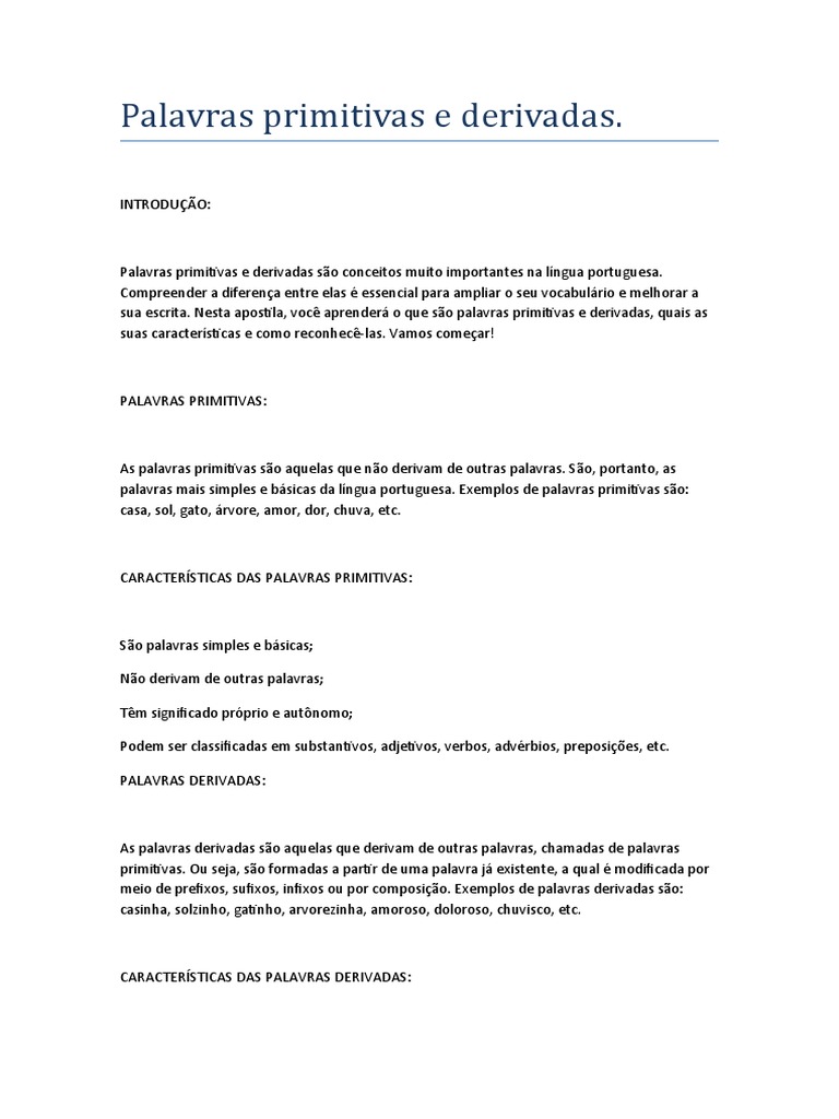 Palavras Primitivas e Derivadas | PDF