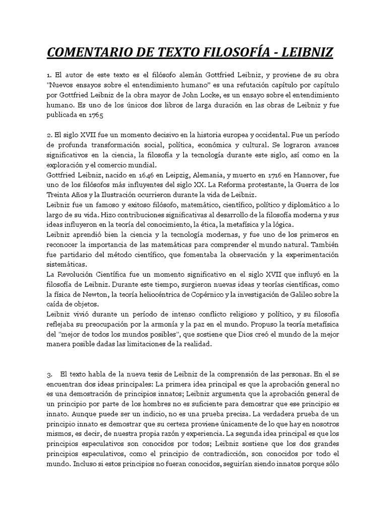 Comentario De Texto Filosof a Leibniz PDF Ense anza De 