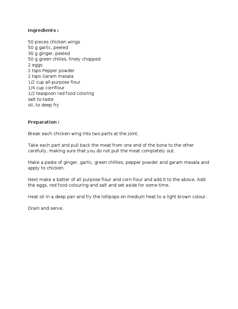 Spicy Chicken Wing Lollipops Recipe | PDF