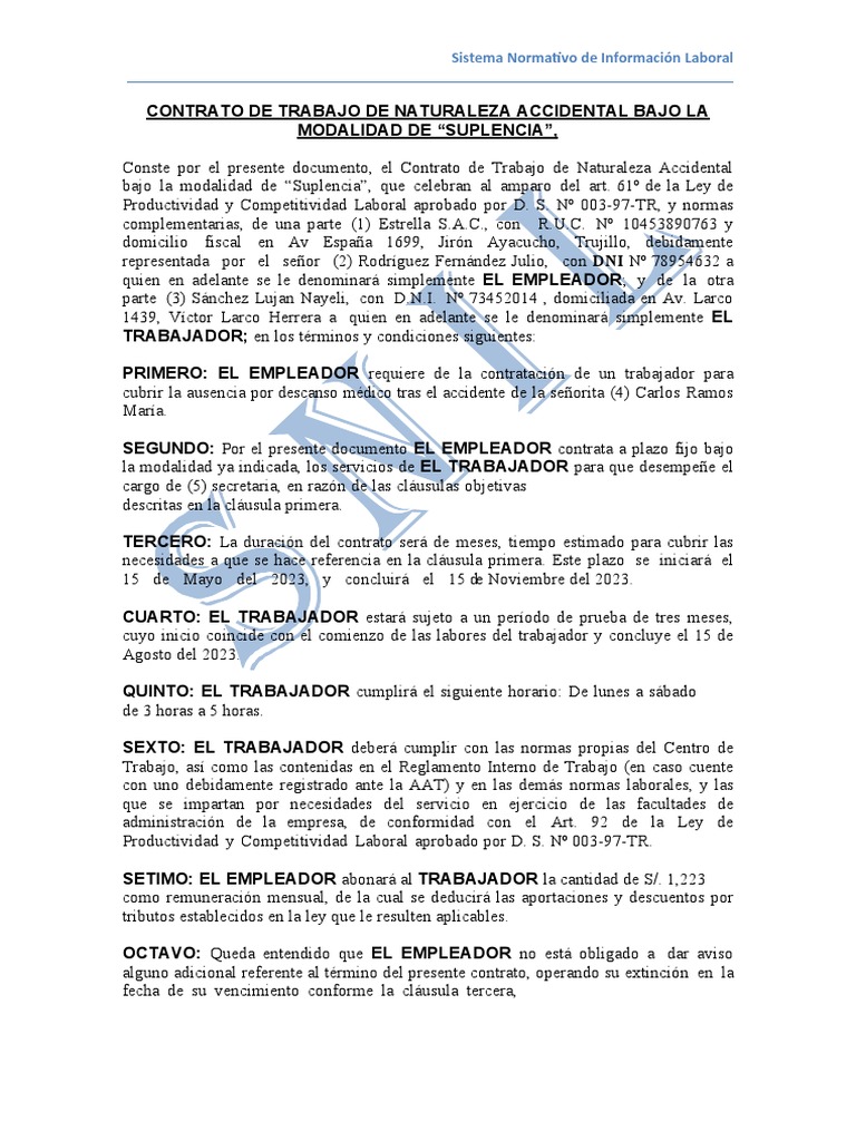 Contrato de Trabajo Accidental Suplencia | PDF