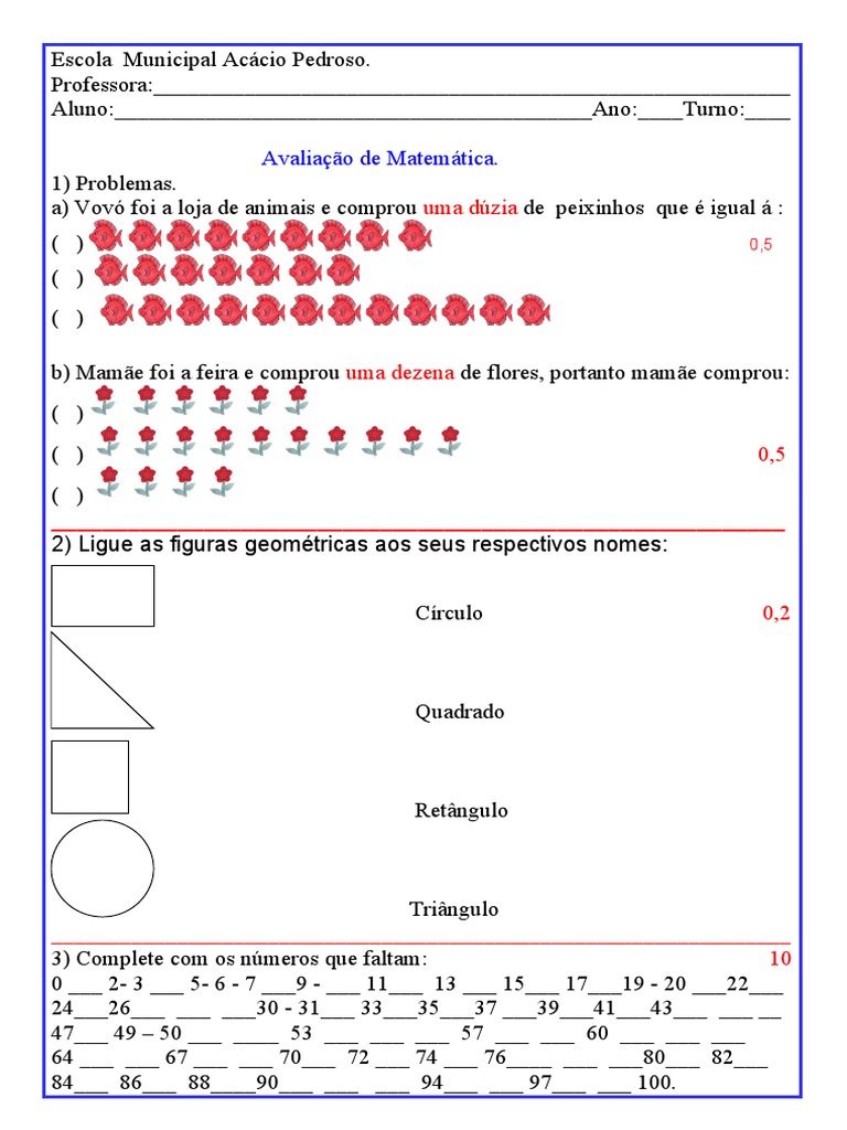 Avaliação de Matemática 3 Ano | PDF