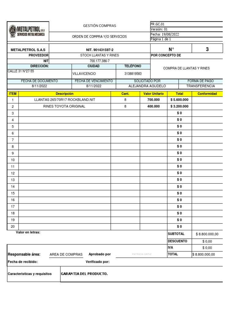 FR - gc.01 Orden de Compra Llantas | PDF
