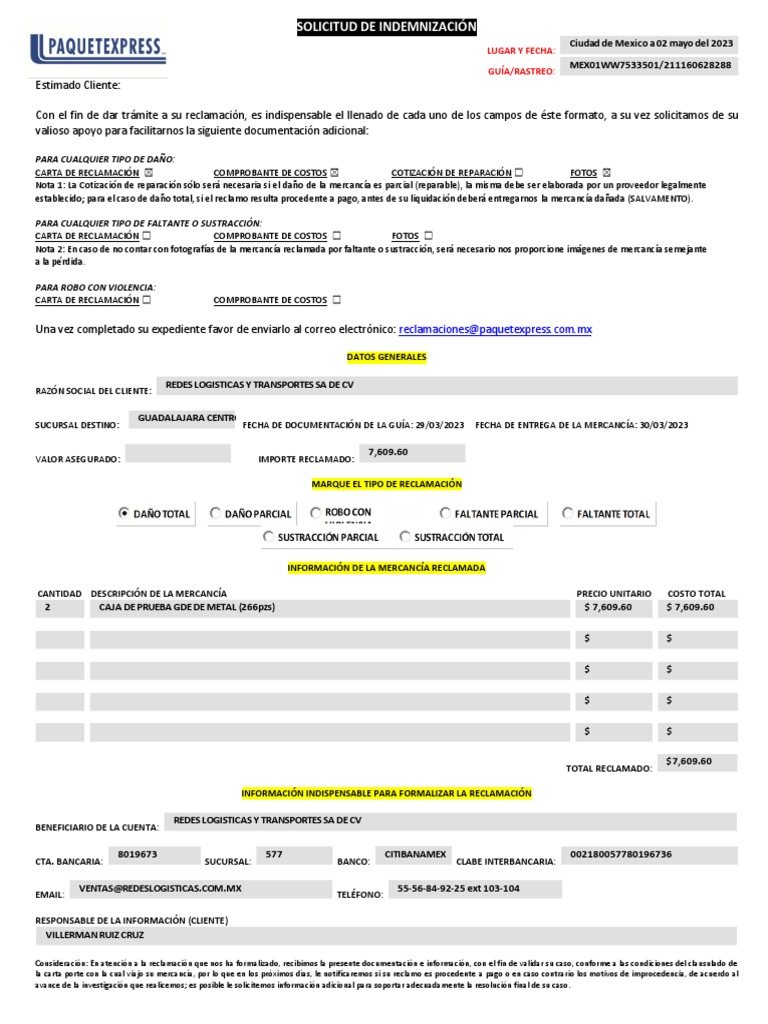 Solicitud de Indemnización Encoexpres | PDF