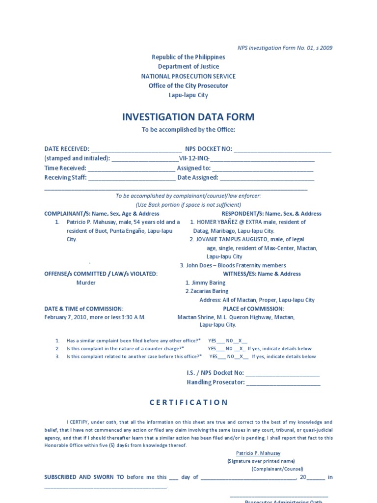 NPS Investigation Data Form Overview | PDF | Law