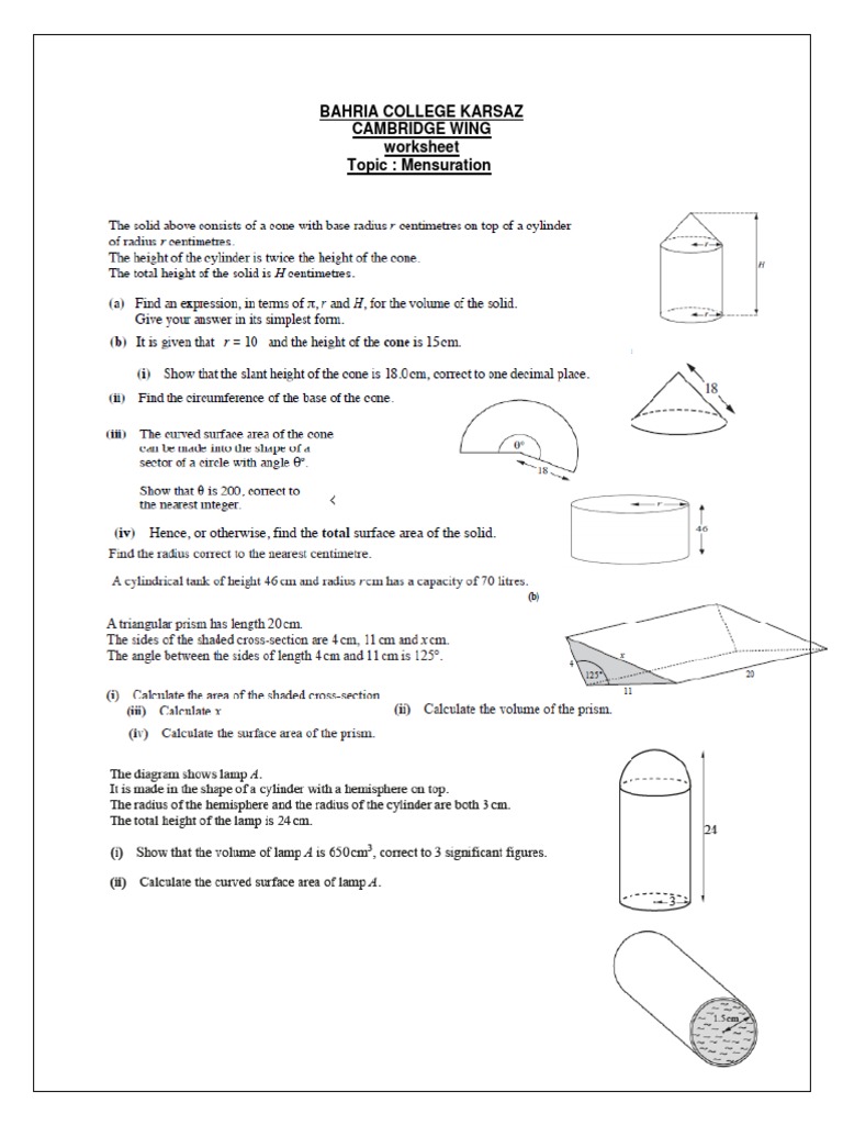 Mensuration Worksheet PDF