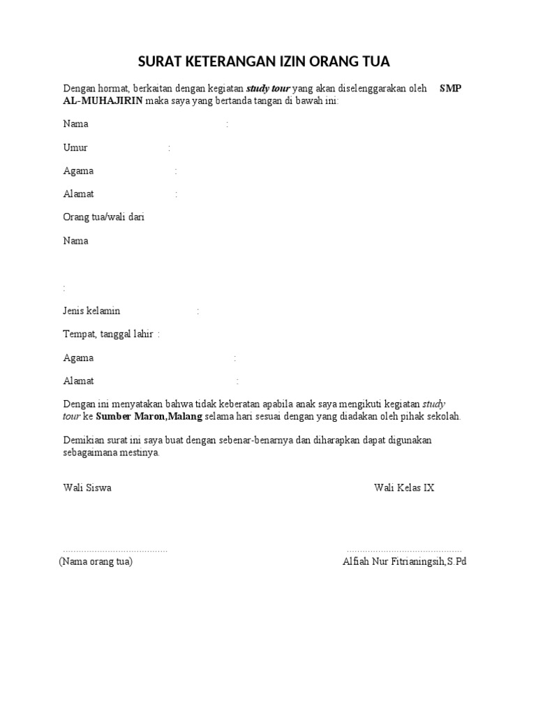 Surat Pernyataan Orang Tua Word