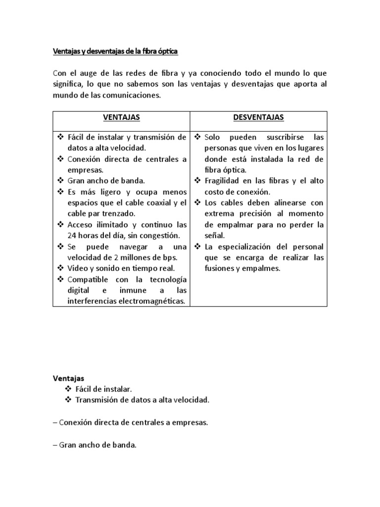 Ventajas y Desventajas de La Fibra Óptica | PDF