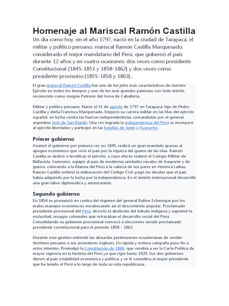 Día Del Mariscal Ramón Castilla | PDF | Perú | Gobierno