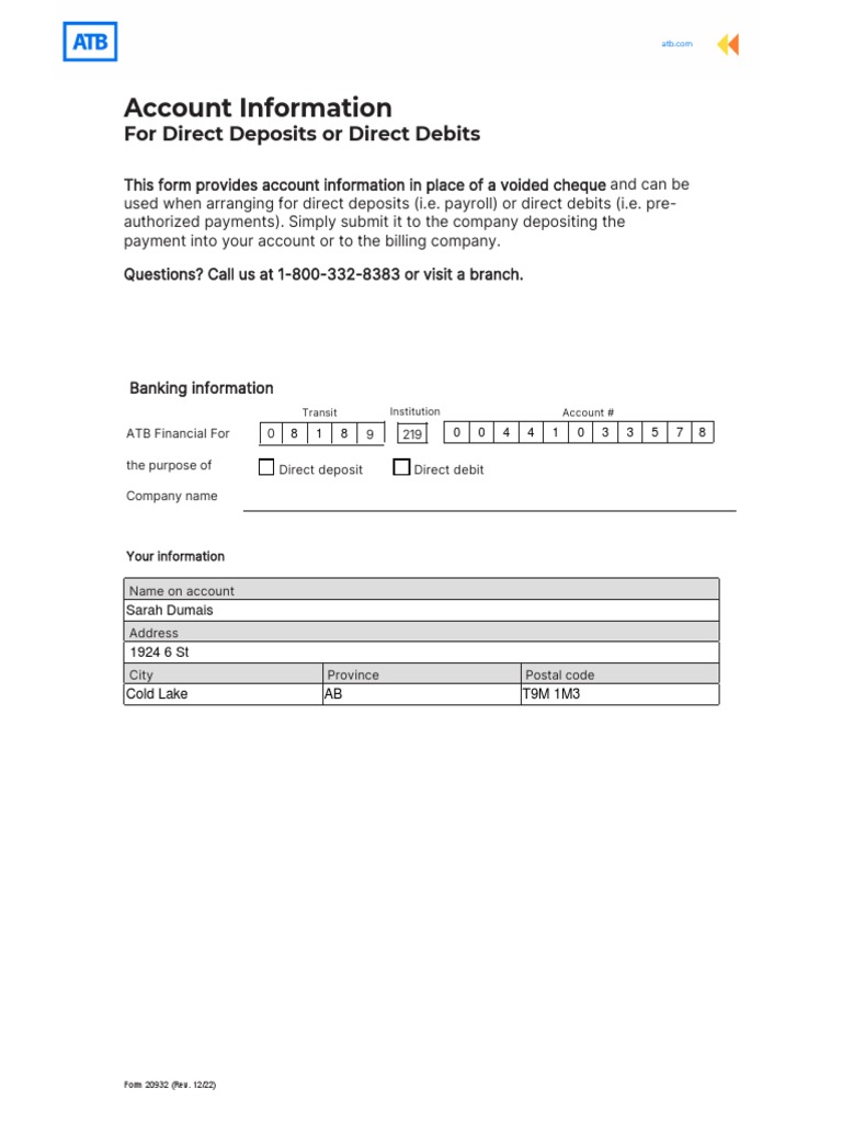 ATB Direct Deposit Information Form | PDF | Finance & Money Management ...