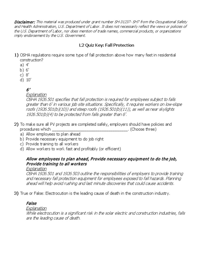 Fall Protection Quiz Key 0 PDF