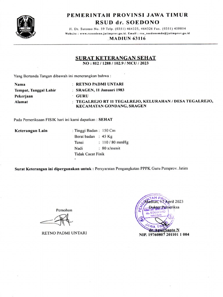 Surat Keterangan Sehat Jasmani Rohani | PDF