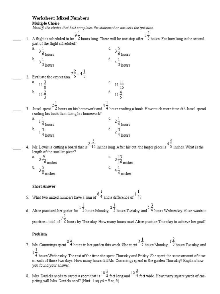Worksheet Mixed Numbers PDF