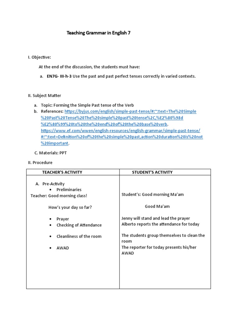 Simple Past Tense Lesson Plan | PDF | Grammatical Tense | Verb