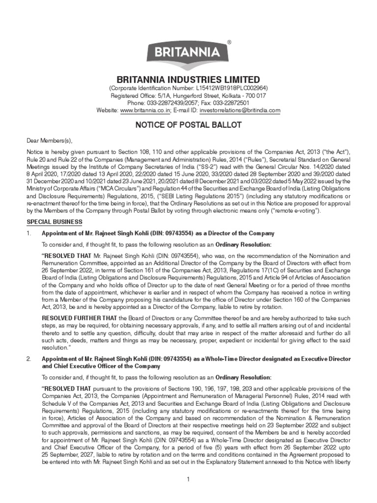 Britannia Postal Ballot Notice 2022 | PDF | Login | Electronic Voting