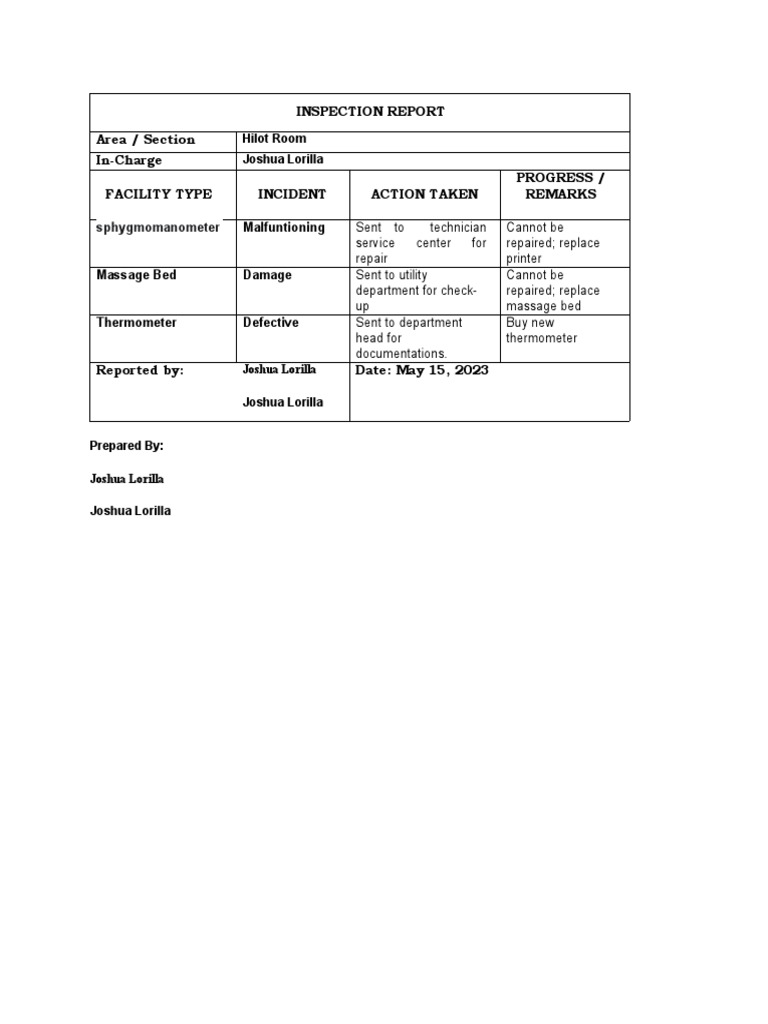 INSPECTION REPORT For Hilot | PDF