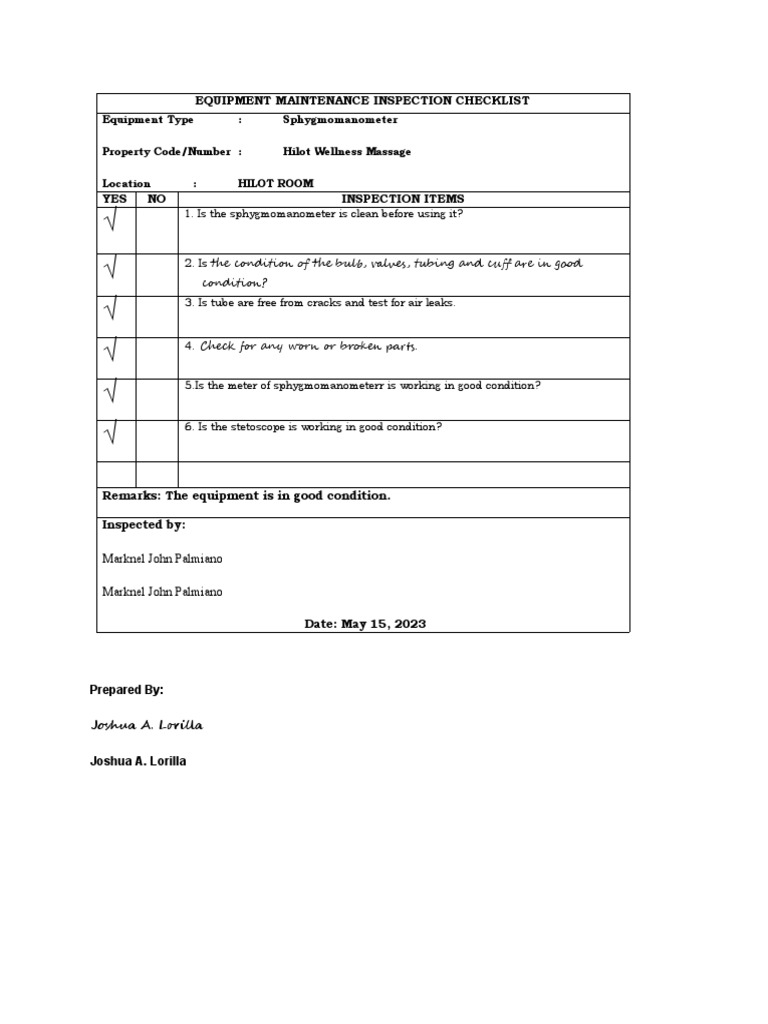 EQUIPMENT MAINTENANCE INSPECTION CHECKLIST Hilot PDF