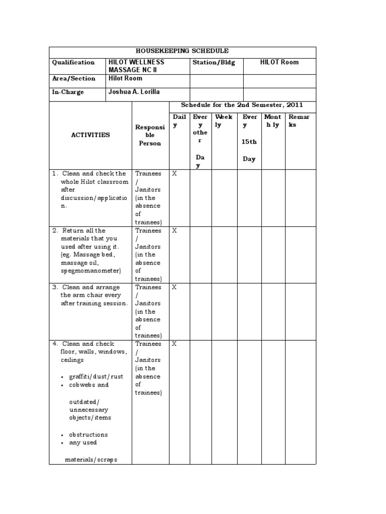 Hilot Room Housekeeping Schedule | PDF | Building Engineering ...