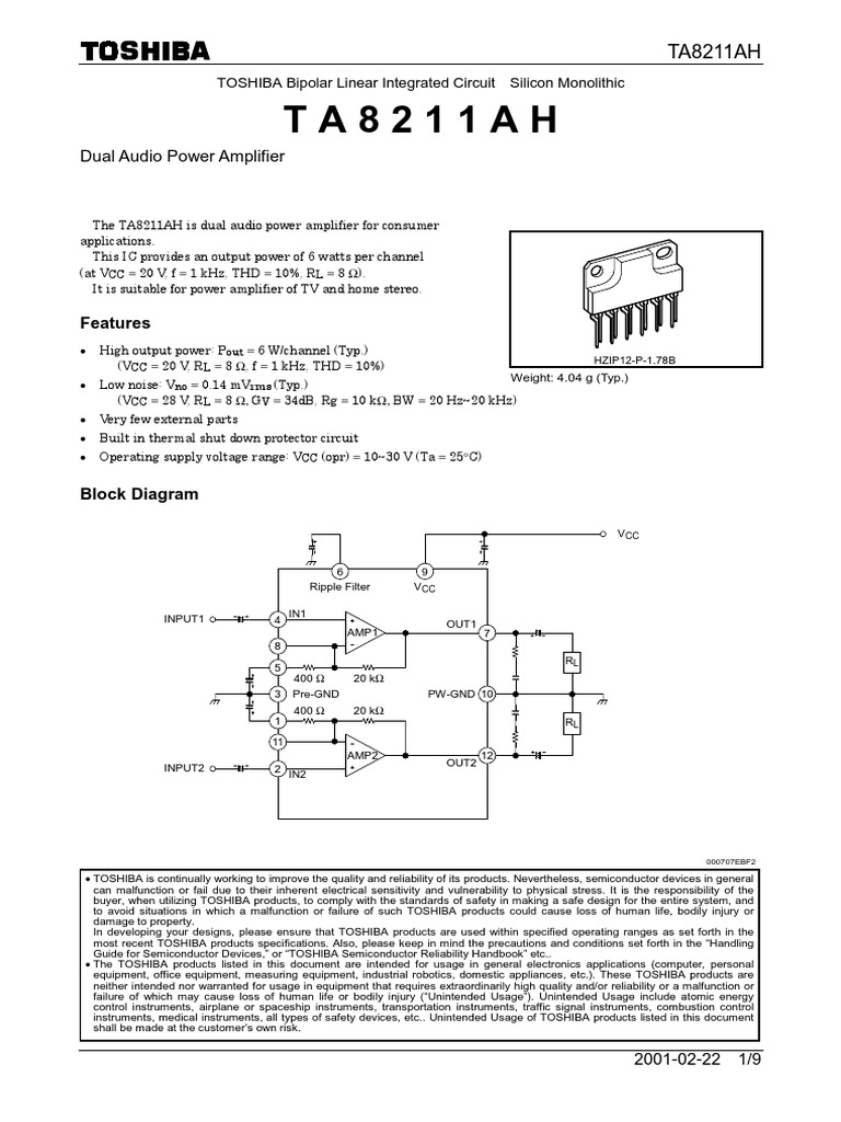 TA8211AH Toshiba | PDF | Amplifier | Electrical Engineering