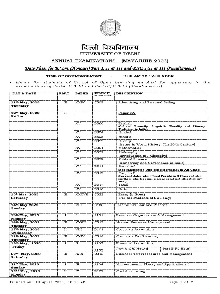 B.Com. Hons. Exam Date Sheet 2023 | PDF | Accounting | Economies