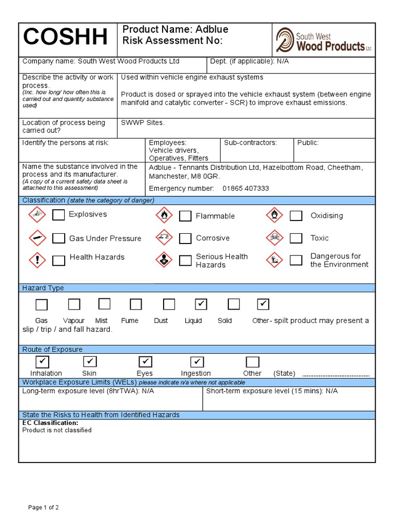 Adblue COSHH Risk Assessment Guide | PDF