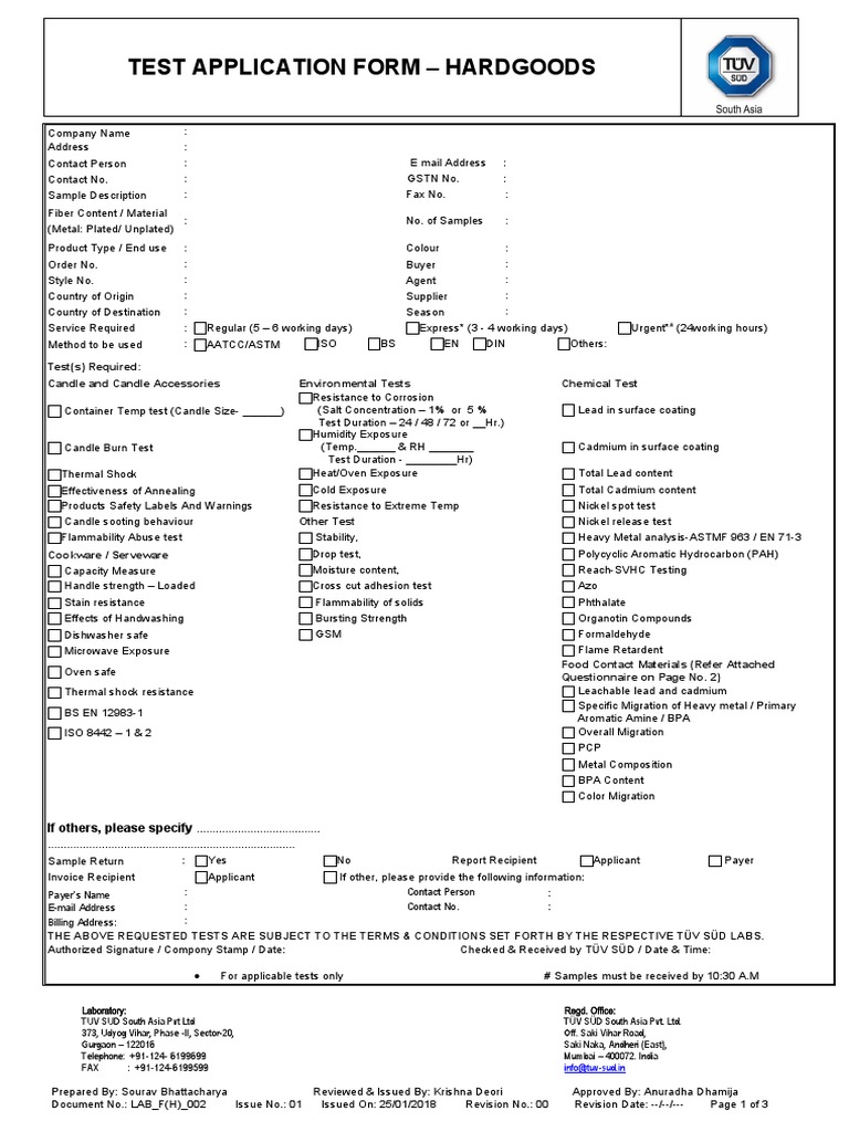 Test Application Form (TAF) Blank - Hardgoods - Copy - Copy | PDF ...