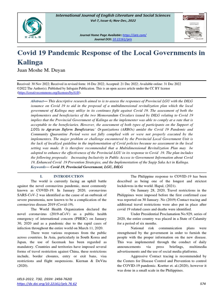Covid 19 Pandemic Response of The Local Governments in Kalinga | PDF