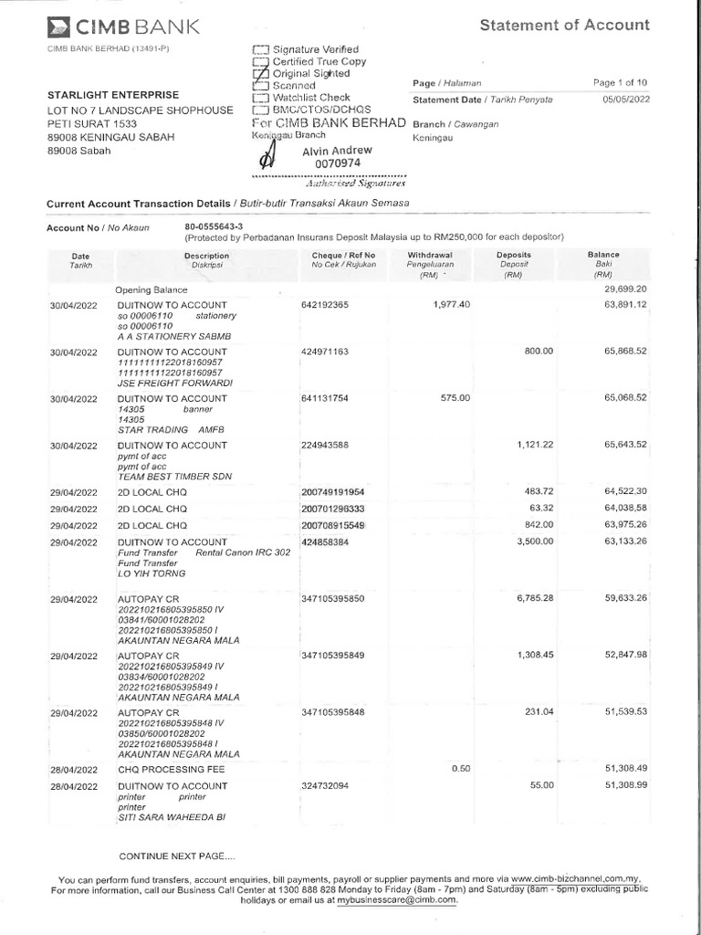 Starlight Enterprise Bank Statement 4,5,6 2022 CTC | PDF