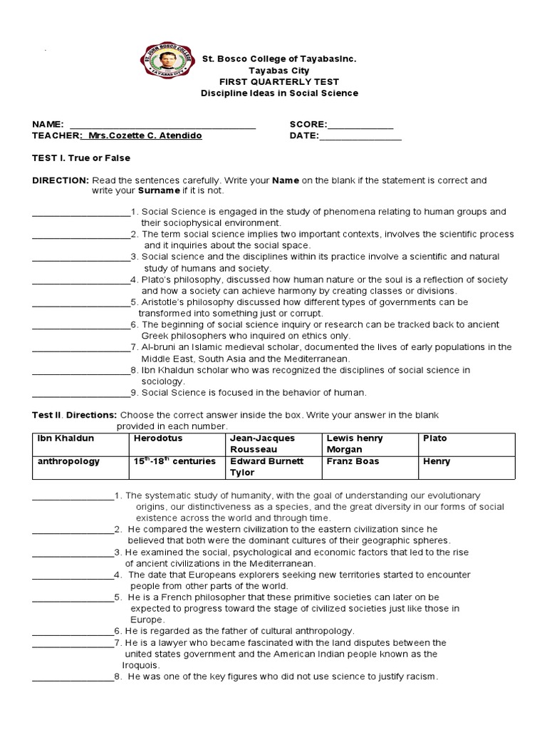 St. Bosco College Social Science Test | PDF | Social Sciences | Science