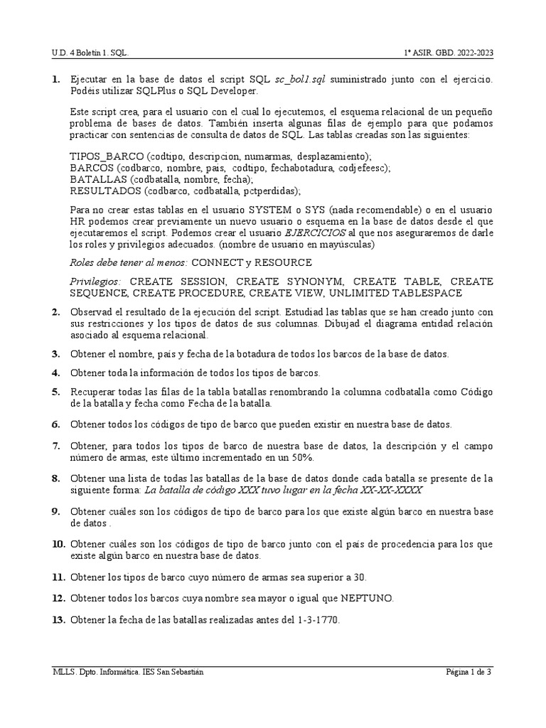 Ejercicios SQL para Bases de Datos | PDF | SQL | Bases de datos