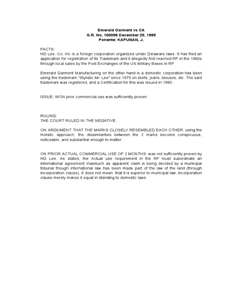 View of Trademark Dispute: Emerald vs CA | PDF | Finance & Money Management ...