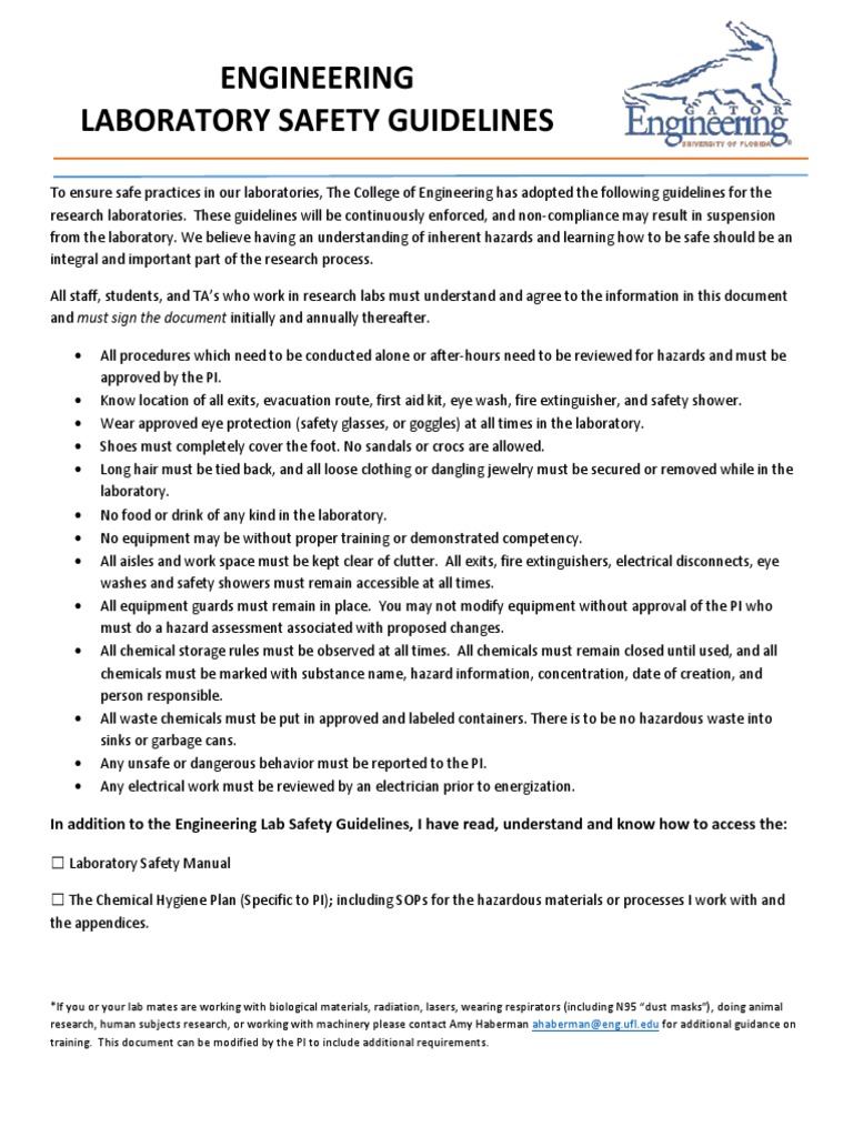 Engineering Laboratory Safety Guidelines Training Checklist PDF
