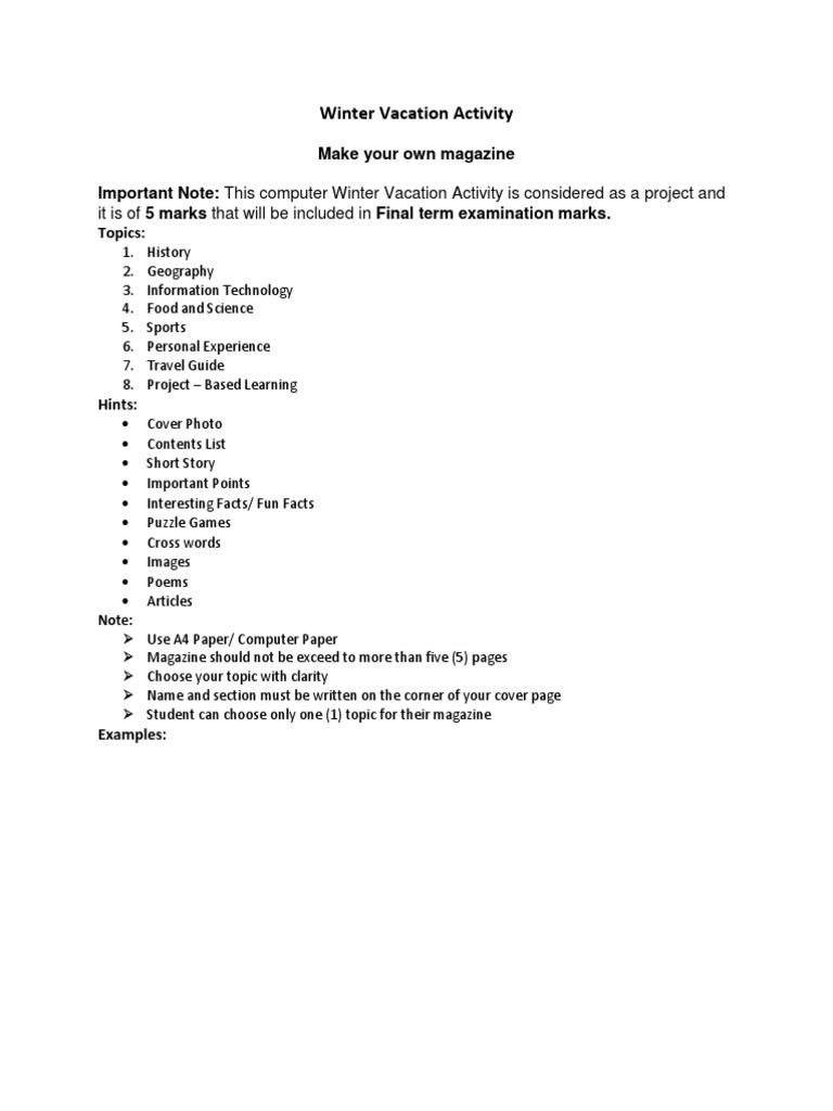 Winter Vacation Magazine Project Guide | PDF