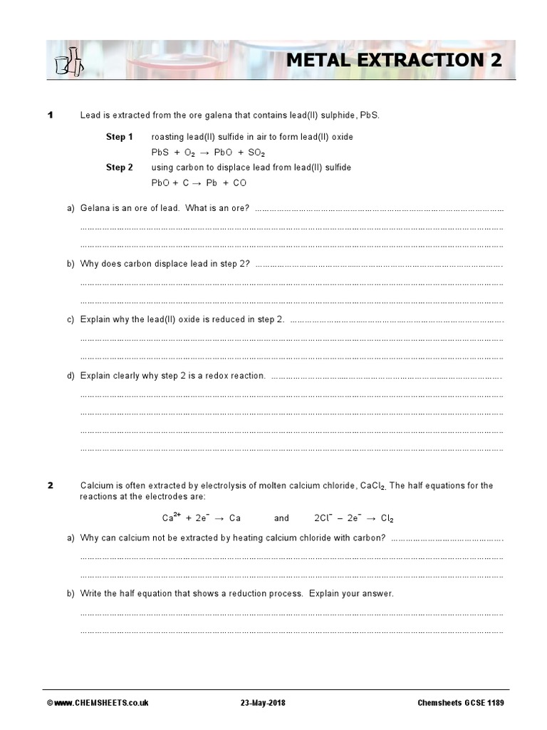 Chemsheets GCSE 1189 Metal Extraction 2 PDF Lead Chemistry