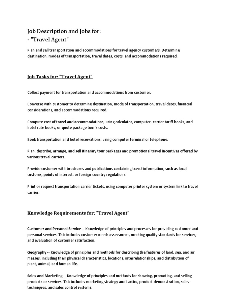 Job Description and Jobs for Travel Agent Travel Agency Reading