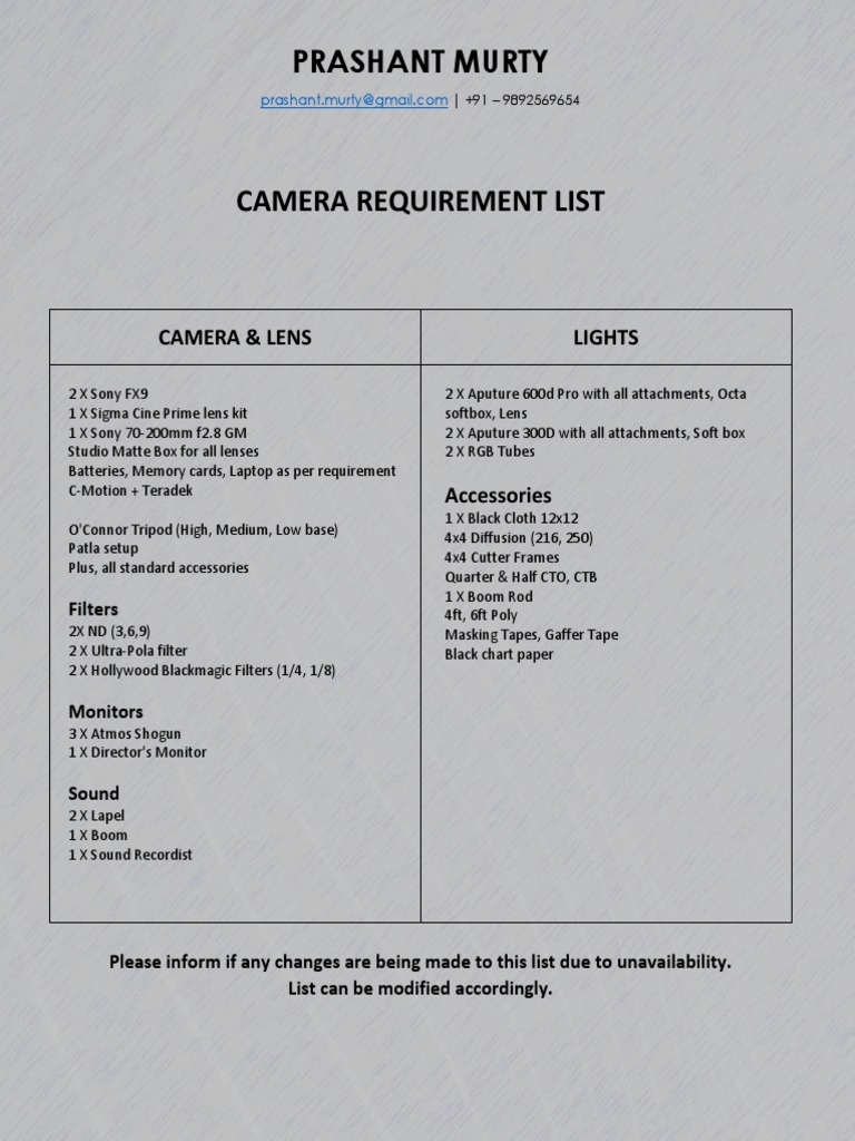 Camera Requirement List PDF