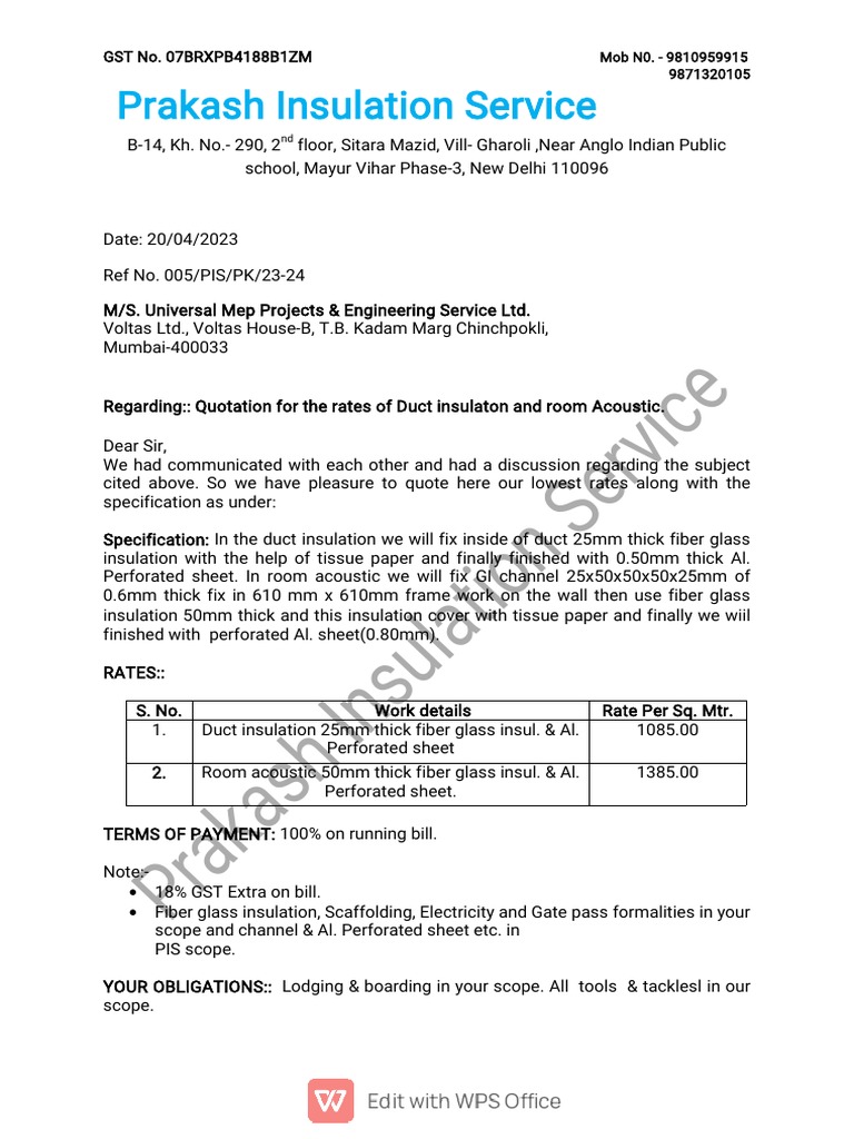 Quotation for Duct Insulation Services | PDF