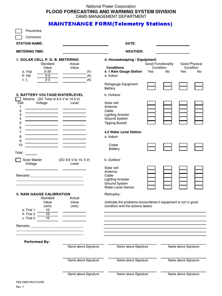 PES-DMD-PM-013.F02 Rev. 1 - Maintenance Form Telemetry Station | PDF ...