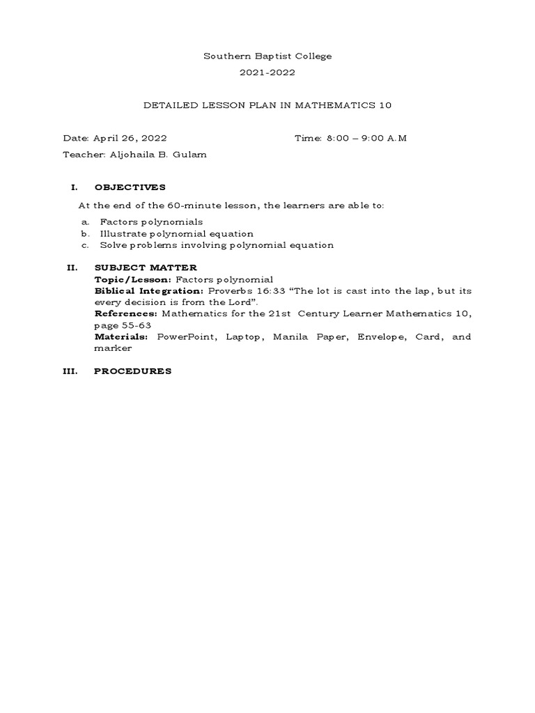 Mathematics 10 Lesson Plan: Factoring Polynomials | PDF | Factorization ...