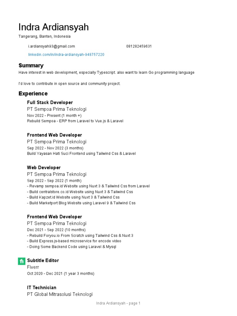 Indra Ardiansyah: Web Developer Profile | PDF | Computers