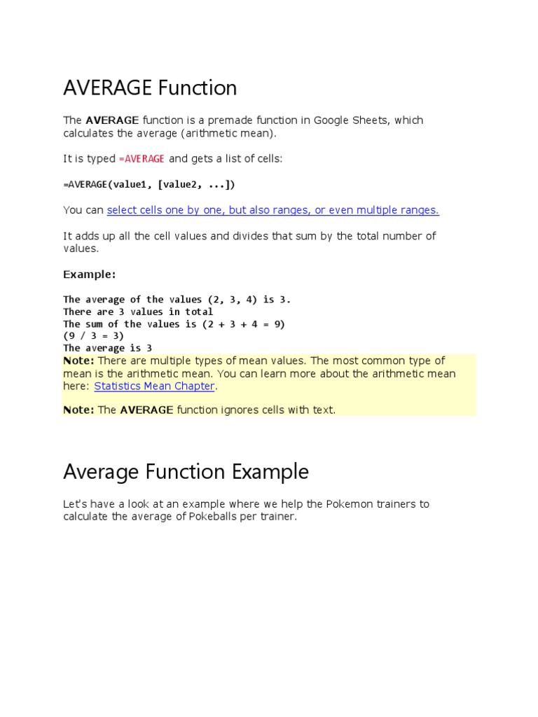 Google Sheets Functions Explained | PDF | Average | Arithmetic Mean