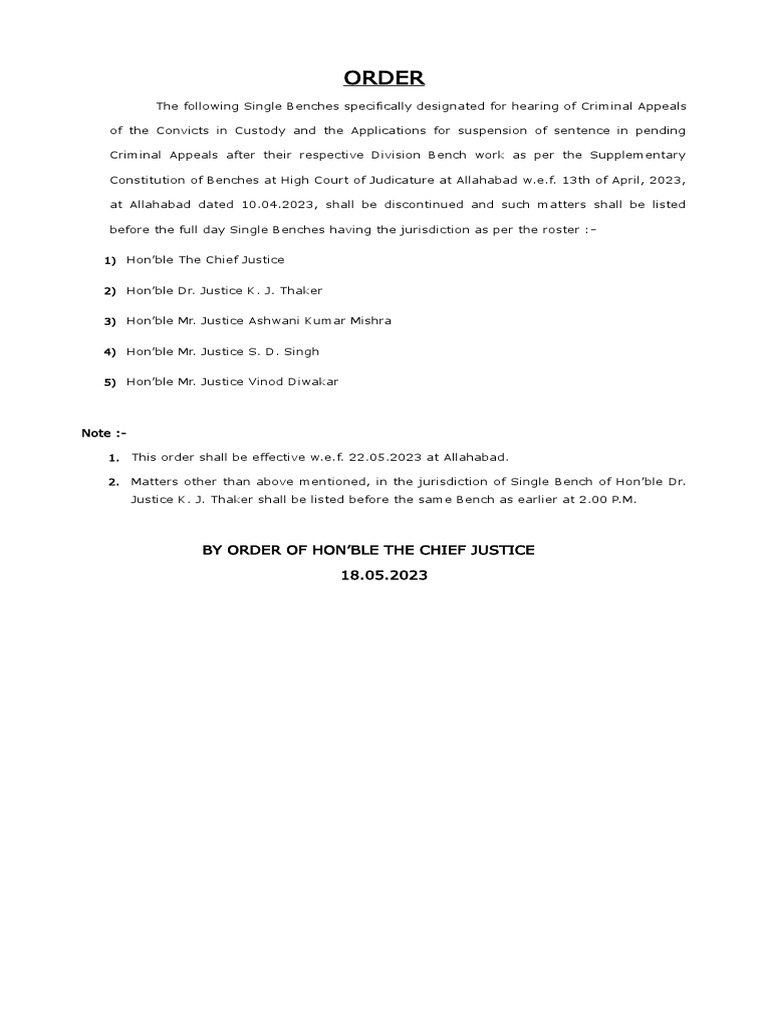 Changes to the Designation of Single Benches Hearing Criminal Appeals