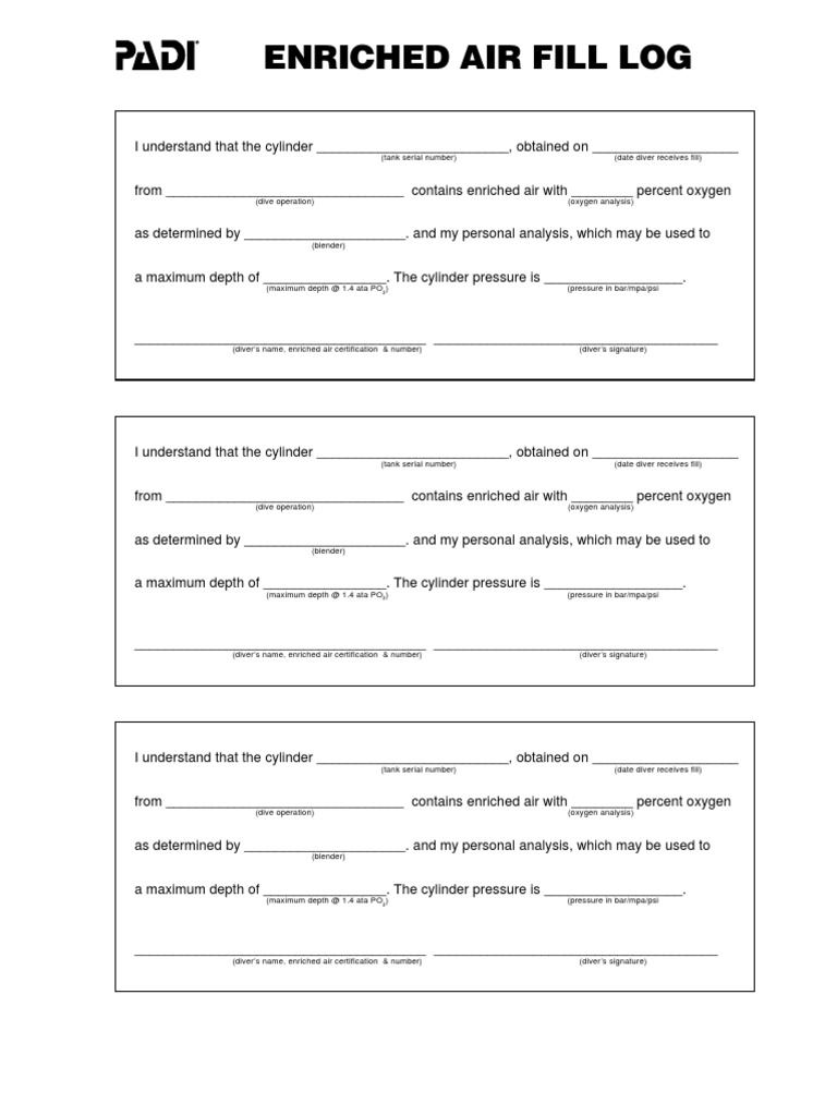 EEnglish - Enriched Air Fill Log | PDF | Scuba Diving | Underwater ... image.