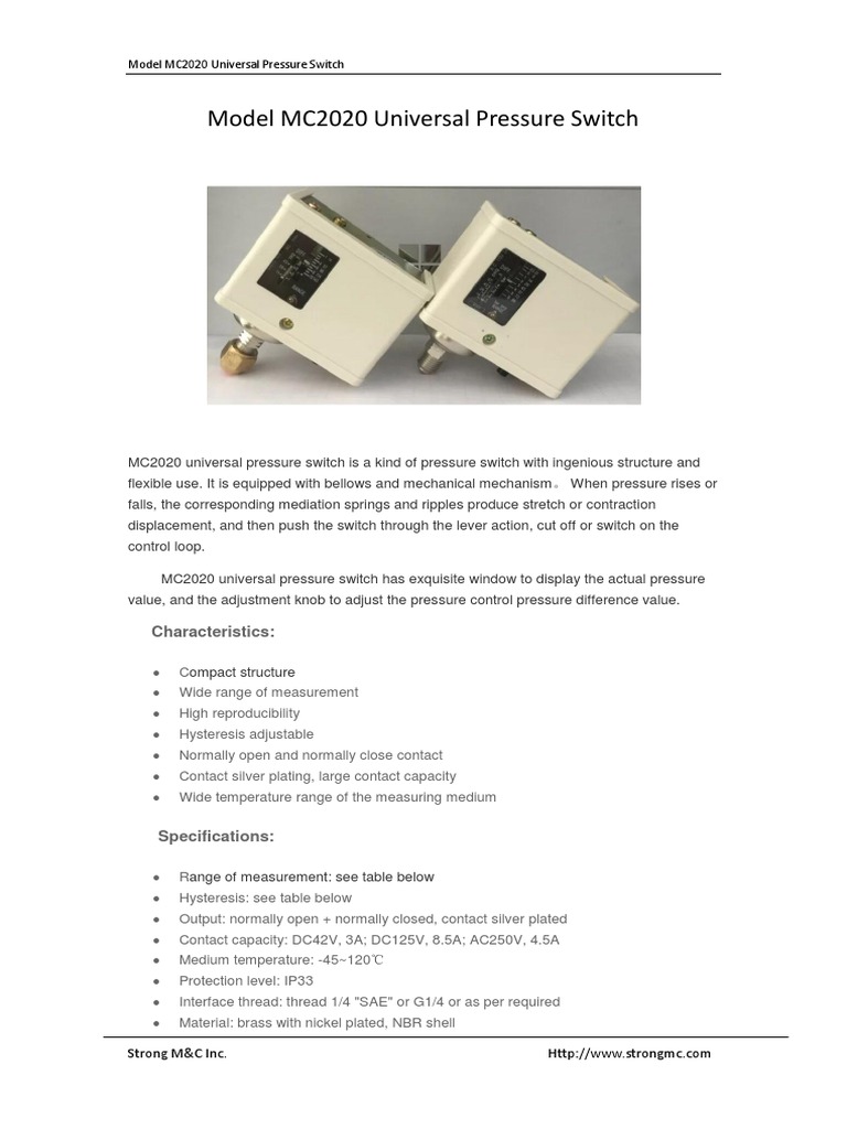 Model MC2020 Universal Pressure Switch PDF Switch Hysteresis