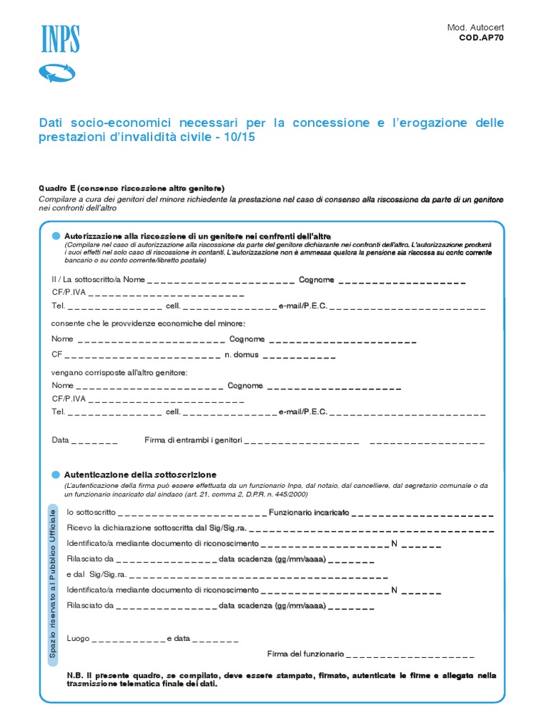 Modello Autocertificazione Liquidazione Prestazione Ap70 | PDF